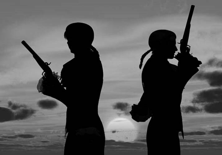 Two young men back to back with duelling pistols in silhouette against the dawn  preparing to take ten paces turn and fire